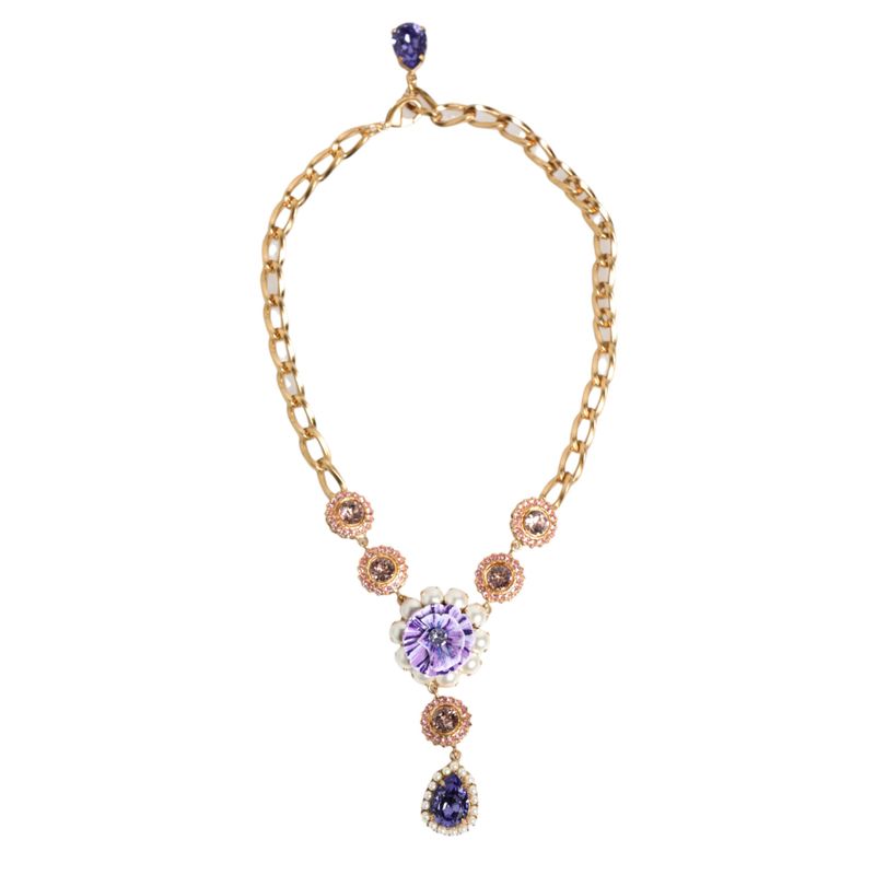 Dolce Gabbana Gold Brass Crystal Pearl Purple Floral Pendant Jewelry Womens 774$
